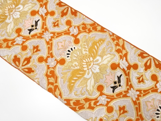 JAPANESE KIMONO / ANTIQUE FUKURO OBI / WOVEN FLOWER & RHOMBUS